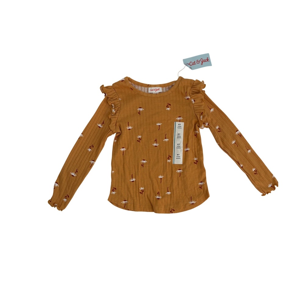 Cat & Jack Girls 4T Mustard Yellow Daisy Floral Ribbed Ruffle Long Sleeve Top